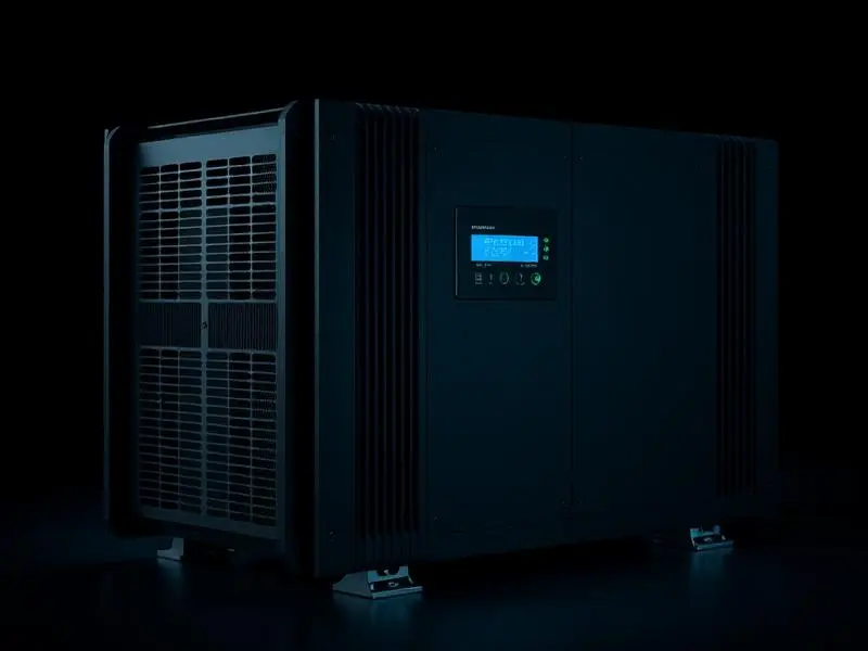 Black DC to AC inverter with a lit blue digital display panel on the front, set against a dark background.