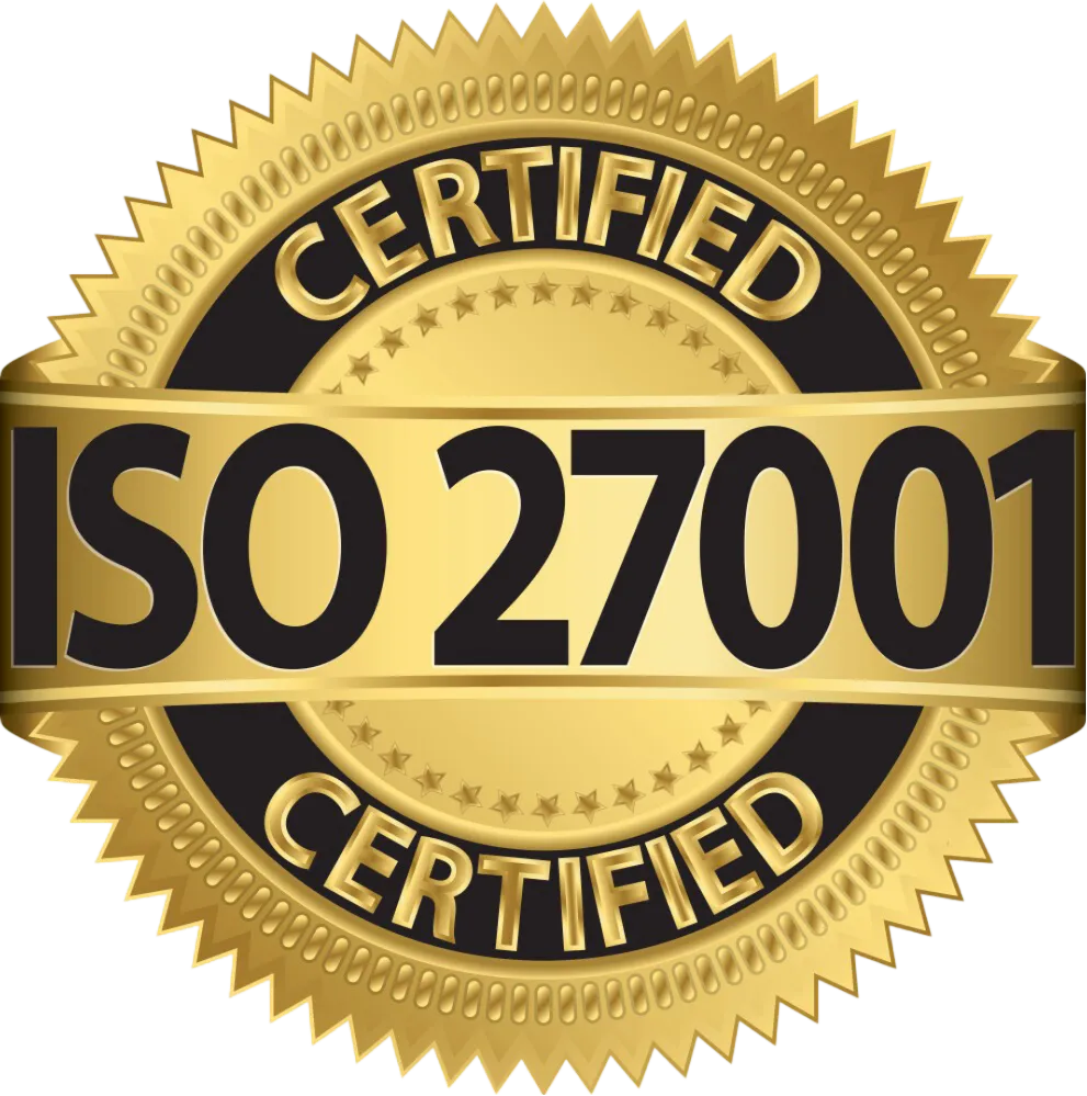 Gold seal with black accents featuring the text 'ISO 27001 Certified'.