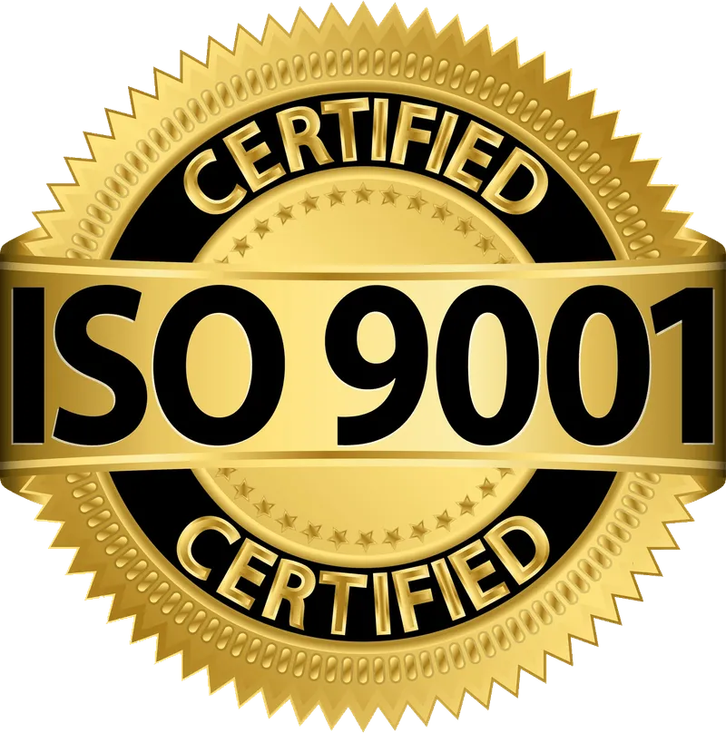 Gold seal with black band stating ISO 9001 Certified.