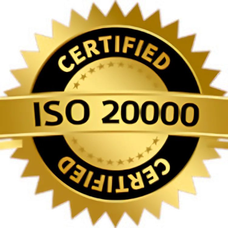 Gold and black circular badge with starburst edges, displaying the text 'CERTIFIED ISO 20000'.