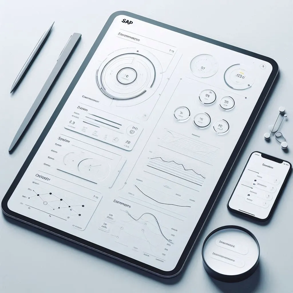 Tablet displaying modern data analytics dashboard with charts and graphs, alongside smartphone, stylus, and wireless earbuds on a light surface.