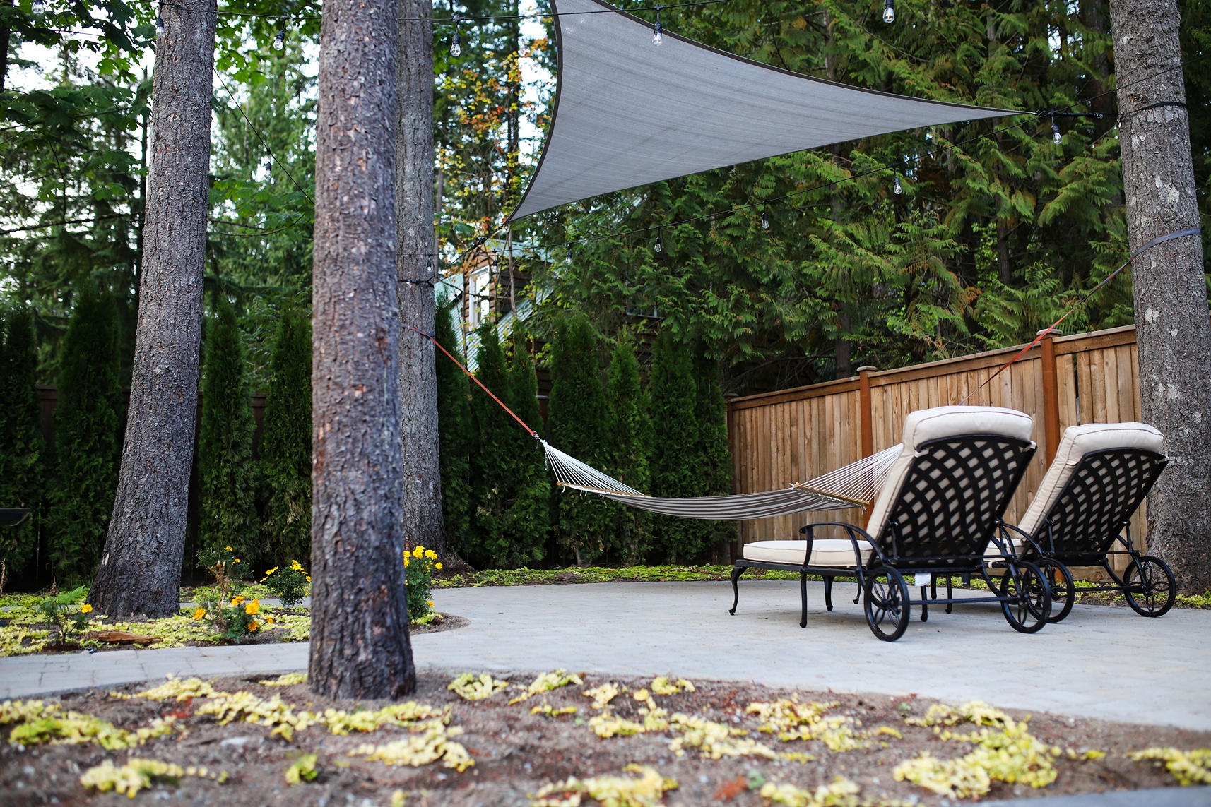 A remodeled backyard in Seattle with recliner chairs and hammock