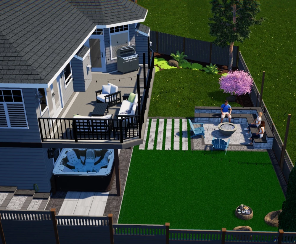 3D design of a backyard remodeling in Seattle with decking and fire pit