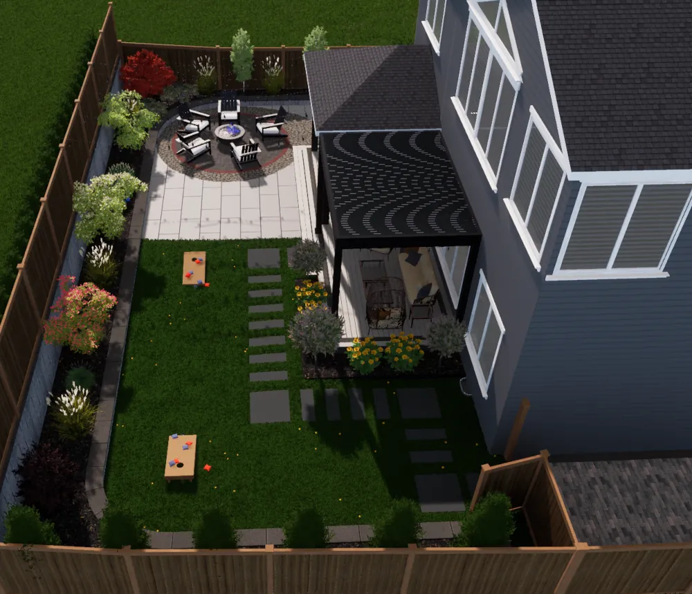 Landscape remodel 3D design visualizing a backyard for a Seattle client