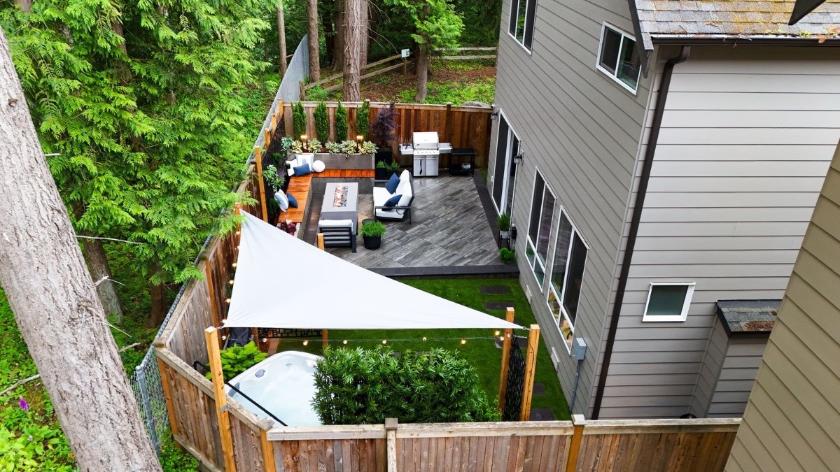 Aerial view of a refreshed Lynnwood patio with a triangular tented roof structure
