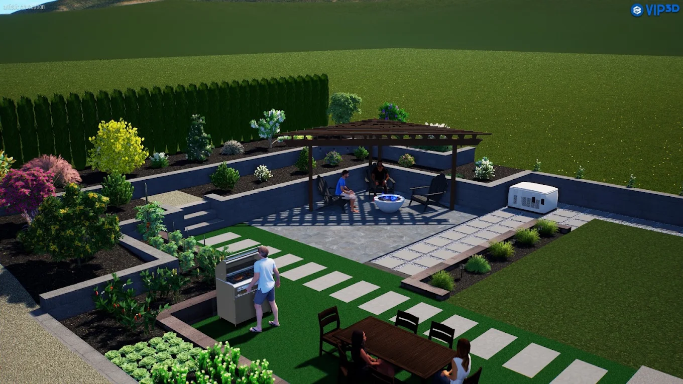 3d design of backyard with concrete planters, bonsai and pergola. 