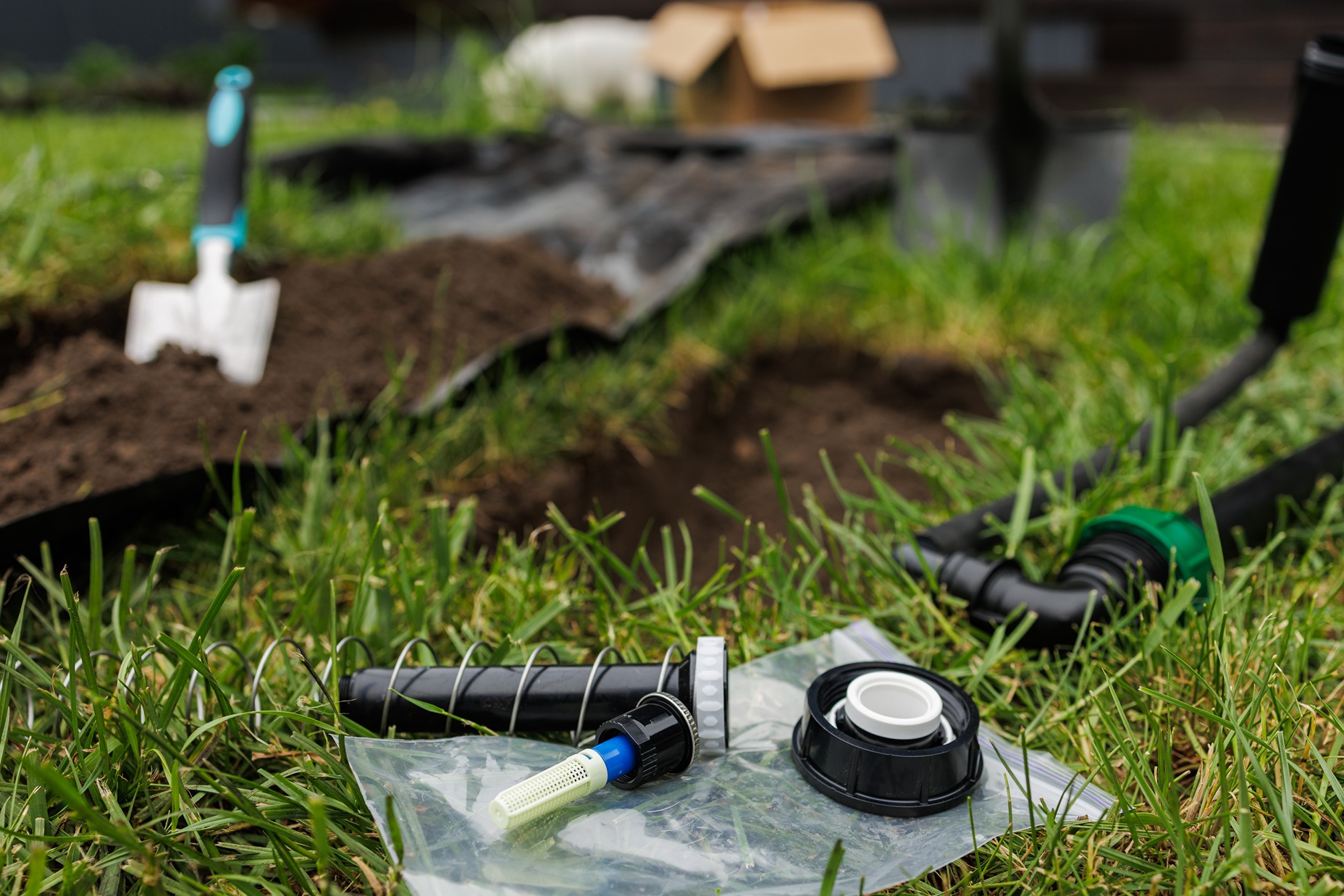 Irrigation system being installed in green lawn.