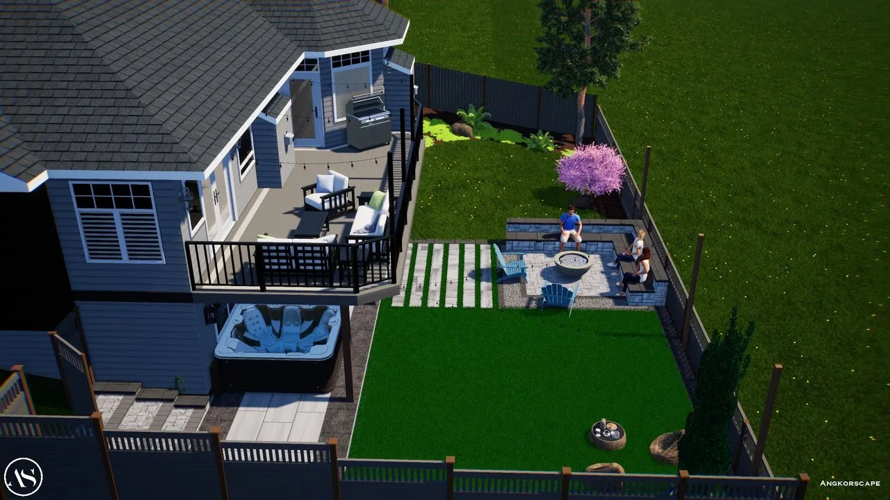 Aerial 3D rendering of a backyard with a deck, hot tub, fire pit seating area, stepping stones, and a cherry blossom tree