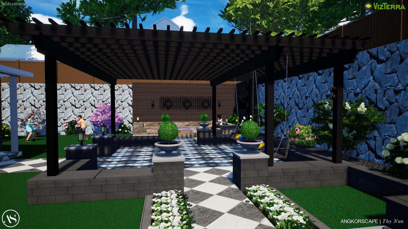 3D landscape design rendering of a modern backyard patio with a dark wood pergola 
