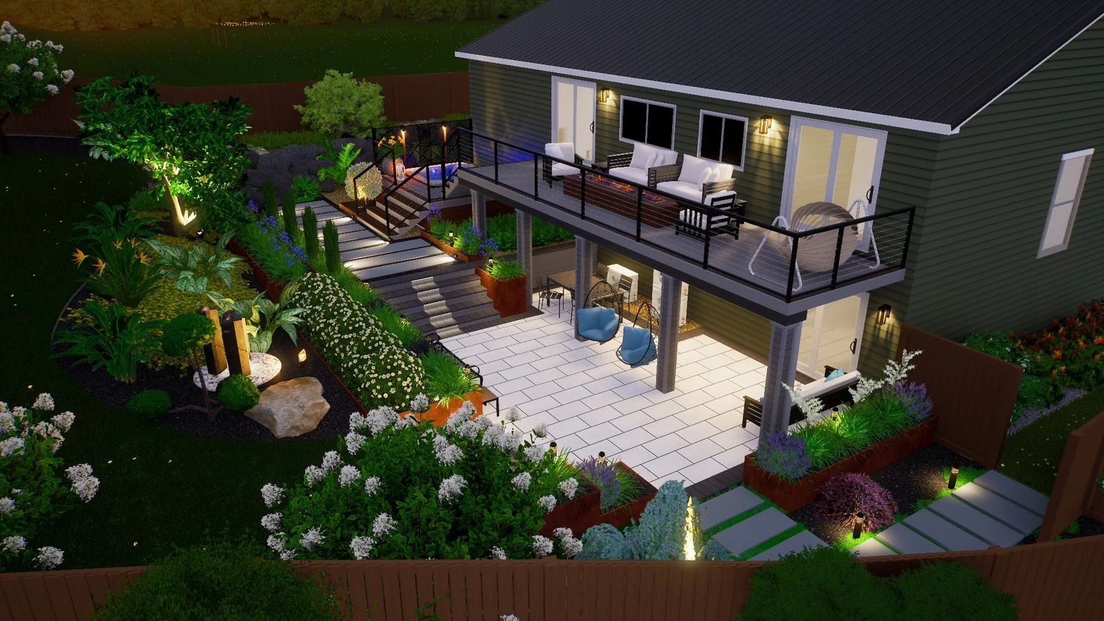 3D conceptual landscape design rendering showcasing a two-story deck, lower paver patio with hanging chairs 