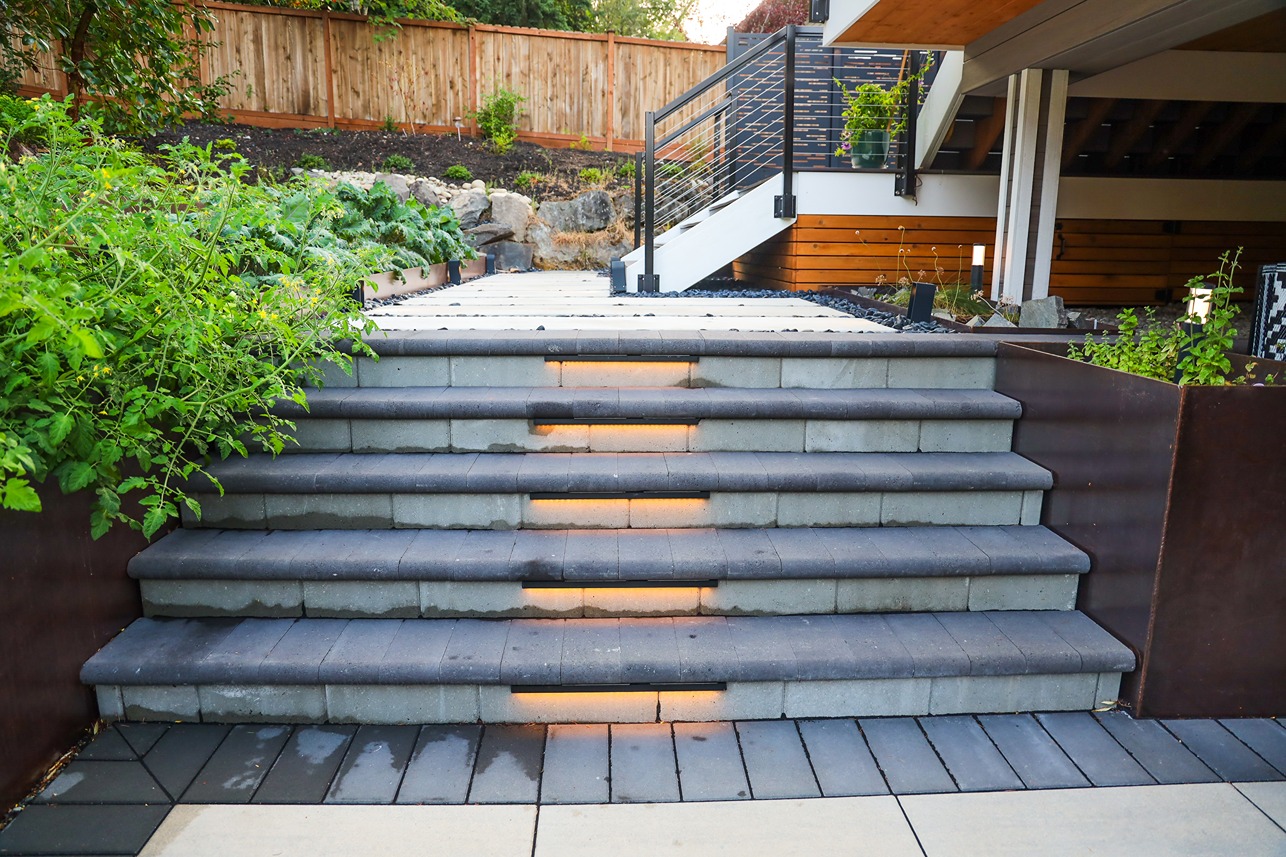 Staircase in a backyard transformation project in Bellevue