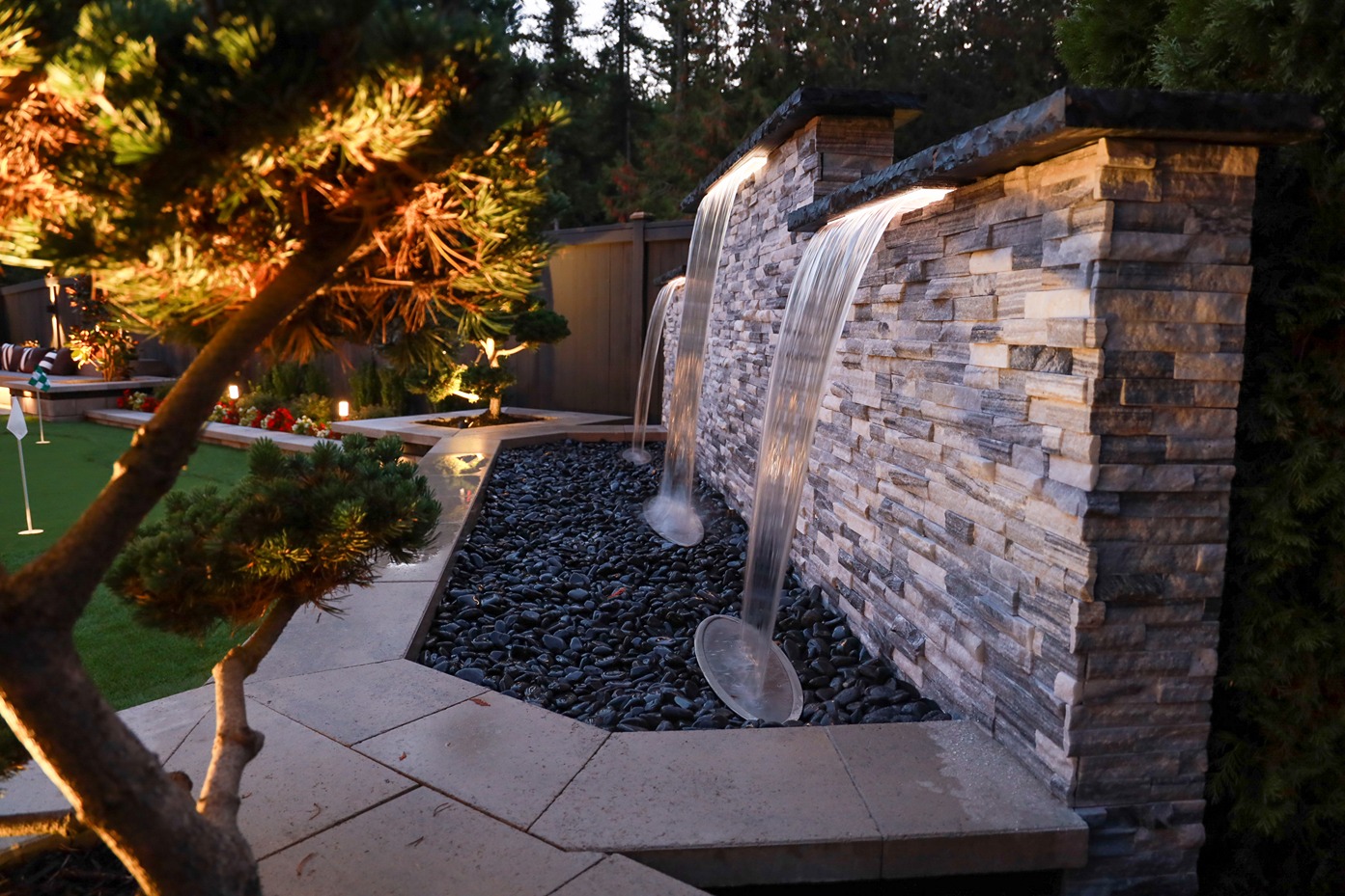 Waterfall fountain from a backyard remodel project in Bellevue