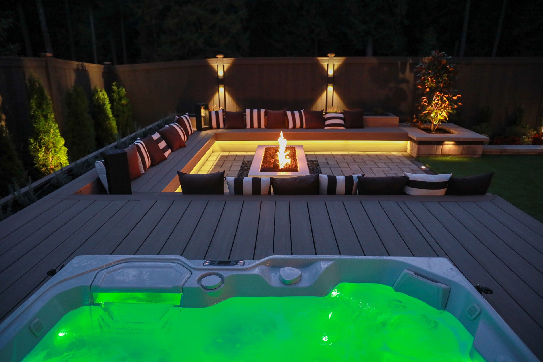 Patio remodel in Bellevue with hot tub and fire pit