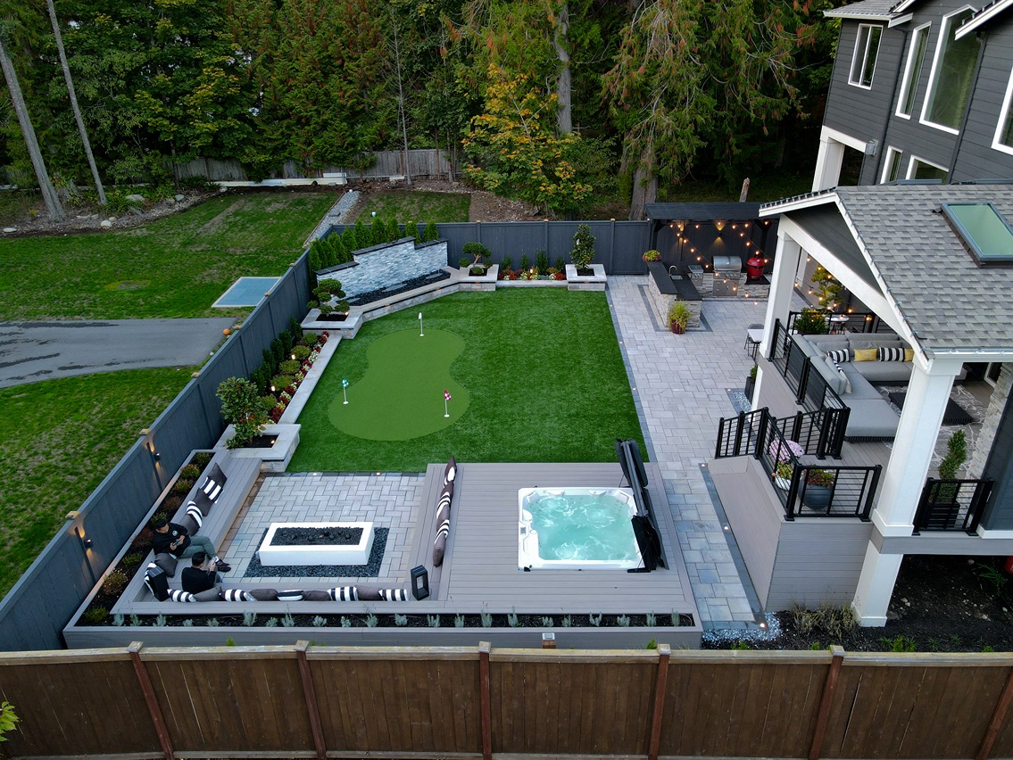 Backyard remodel project in Bellevue with mini golf course 
