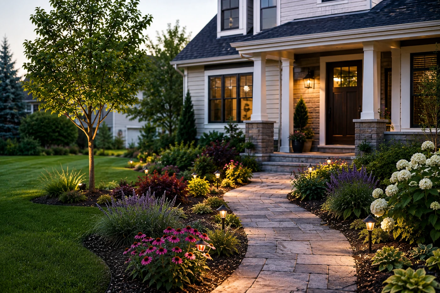 A beautifully landscaped suburban front yard at dusk featuring a curved stone walkway, colorful flower beds, soft garden lighting, and a welcoming modern home exterior surrounded by lush greenery.