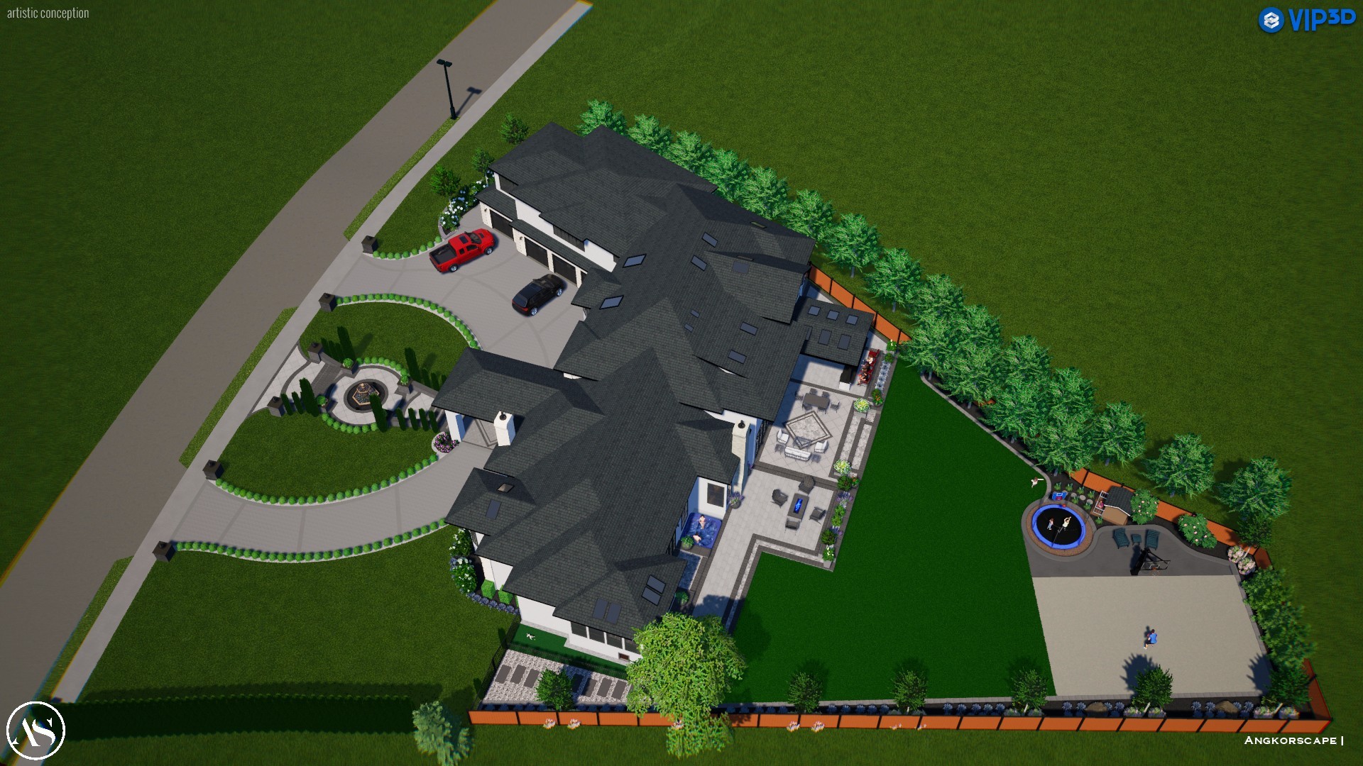 A 3D landscape design rendering by Angkorscape and VIP3D showing an aerial view of a large residential property with a curved front driveway, manicured hedges, backyard patio seating area, trampoline, basketball court, and lush green lawns surrounding a mo