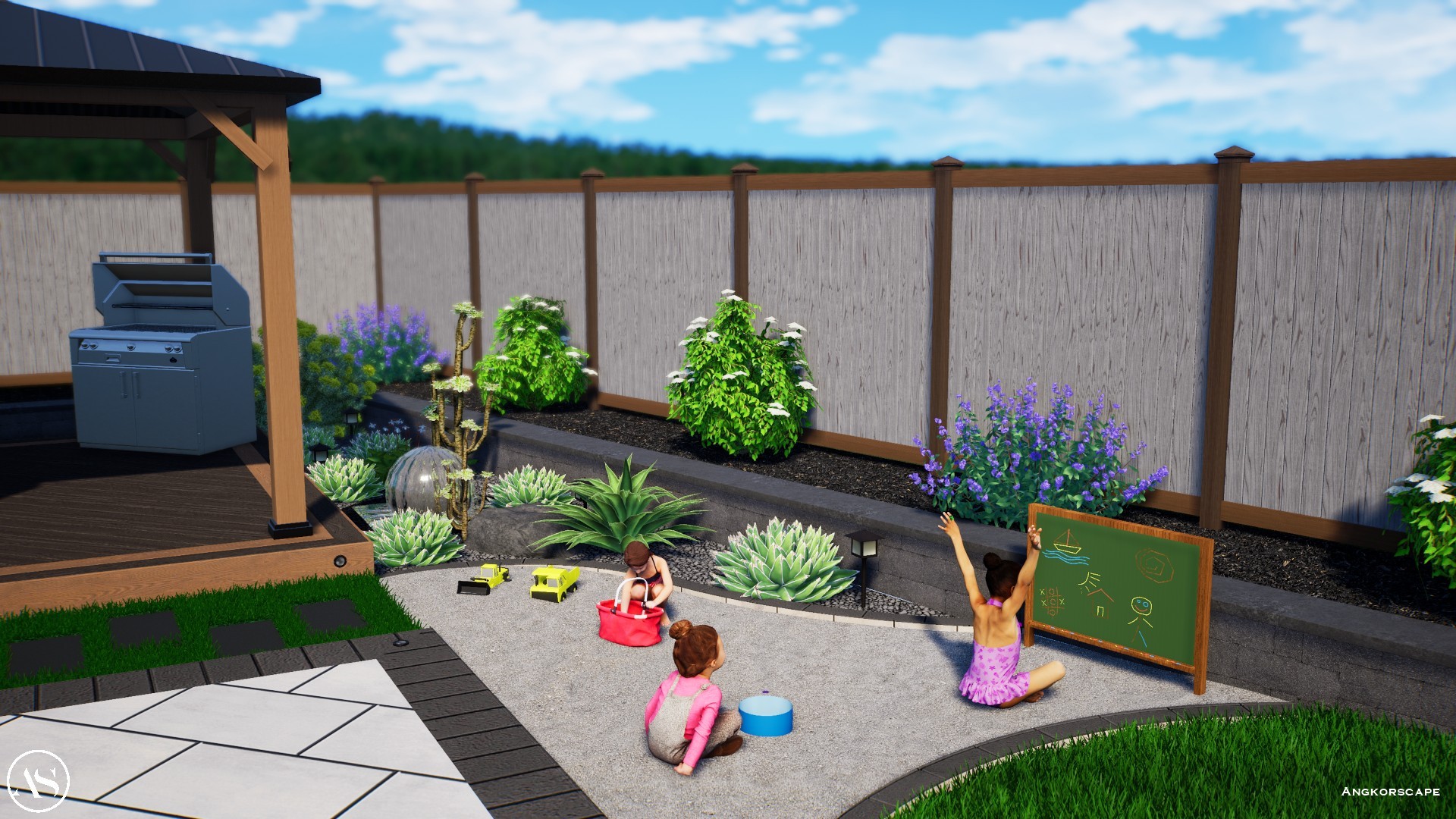 A 3D landscape design rendering by Angkorscape showing a kid-friendly backyard with children playing in a gravel sandbox area, a chalkboard easel, toy trucks, succulent garden beds, lavender plants, a covered pergola with a grill, and a modern privacy fenc