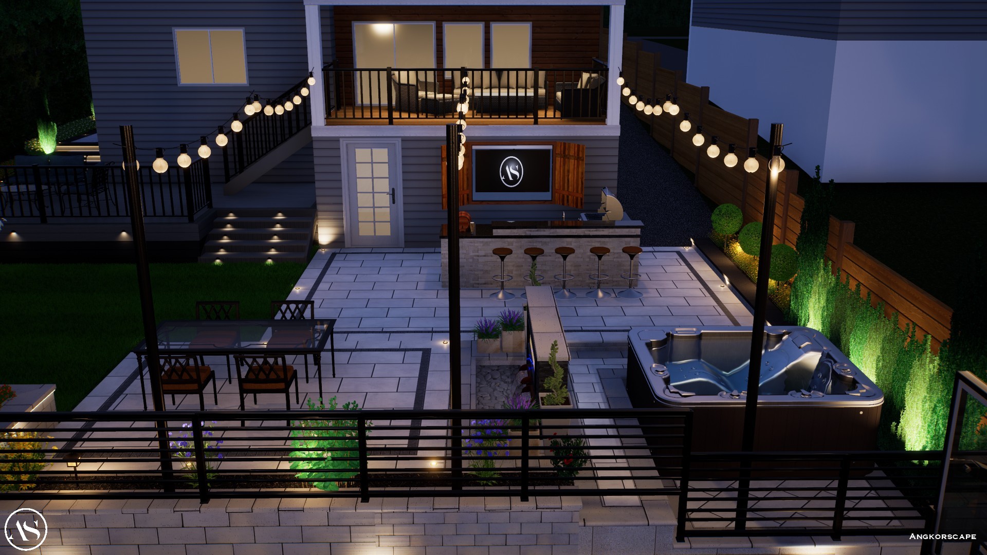 A 3D landscape design rendering by Angkorscape showing a modern backyard at night featuring a large stone patio with a bar counter and bar stools, outdoor TV, hot tub, dining area, string lights, illuminated steps, upper deck with seating, and a living wal