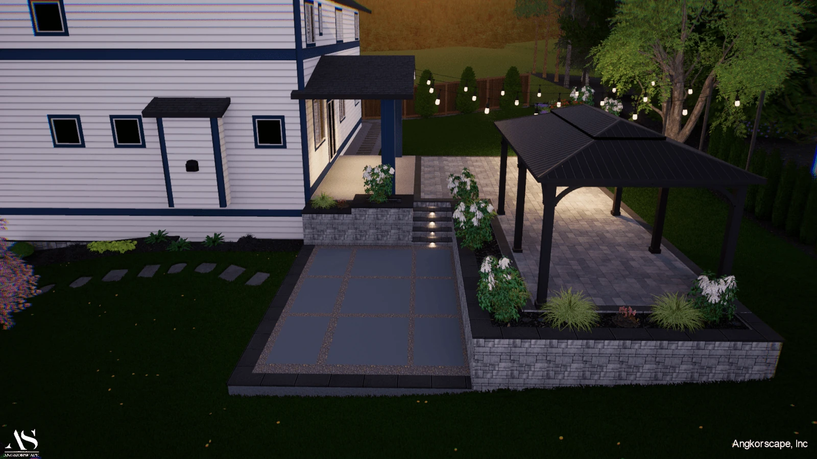 A 3D landscape design rendering by Angkorscape showing a backyard patio at night with large format pavers, a dark metal gazebo with warm lighting, stone retaining walls, ornamental garden beds, illuminated step lights, and string lights along a wooden fenc