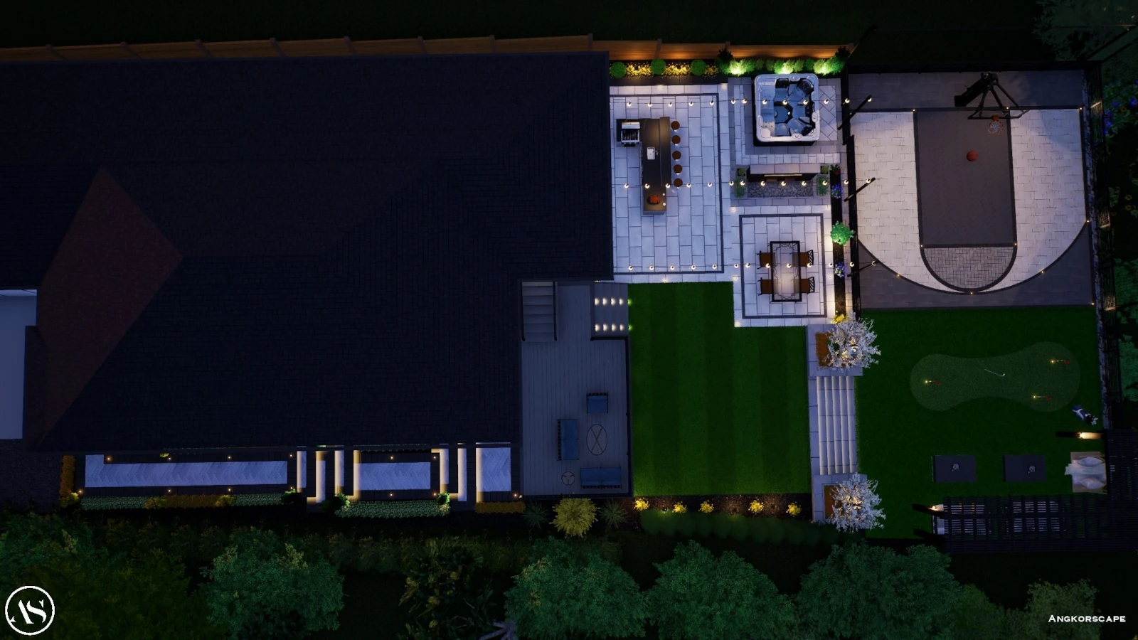 A 3D landscape design rendering by Angkorscape showing an aerial night view of a luxury backyard featuring a hot tub, outdoor kitchen, fire pit seating area, basketball court, putting green, lush turf lawn, illuminated pergola columns, and a covered lounge
