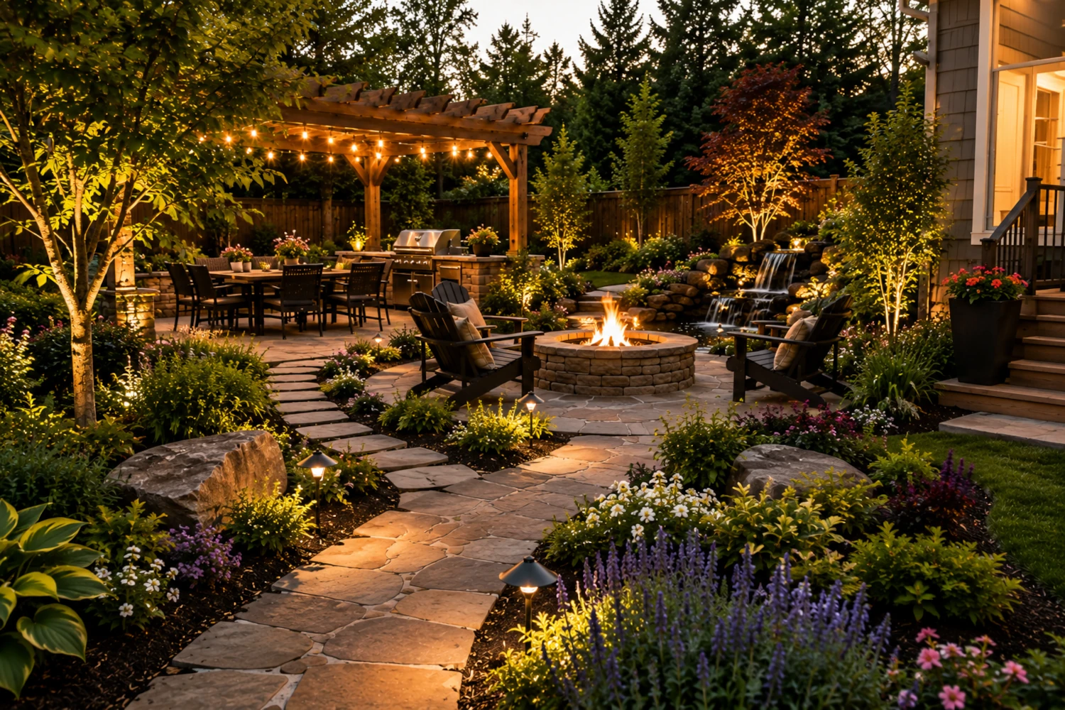 Beautiful backyard landscape at dusk featuring a curved stone pathway, lush garden beds, warm outdoor lighting, cozy fire pit seating area, pergola with string lights, and a small waterfall creating a relaxing outdoor retreat.