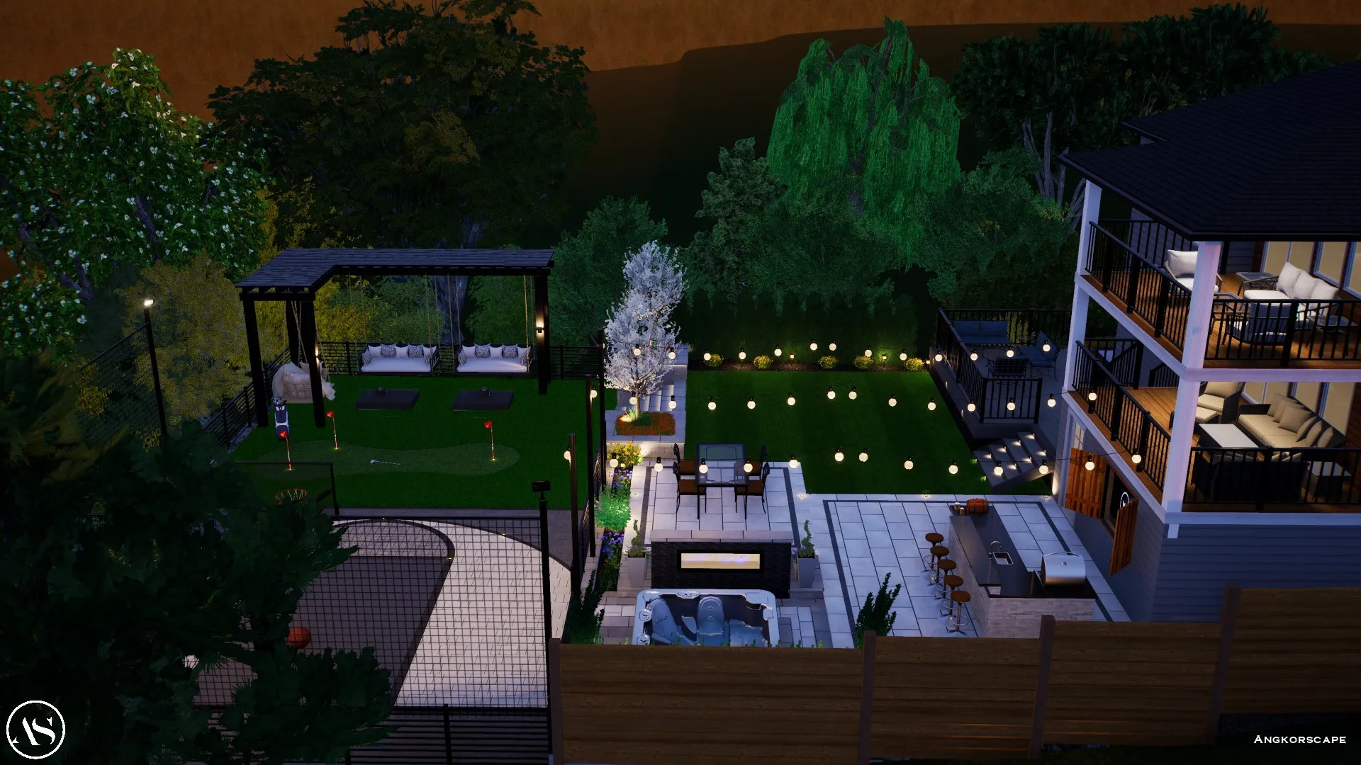A 3D landscape design rendering by Angkorscape showing a luxury backyard at night with a pergola seating area, putting green, hot tub, fire feature, outdoor kitchen with bar seating, string lights, and lush greenery surrounding a multi-level patio.