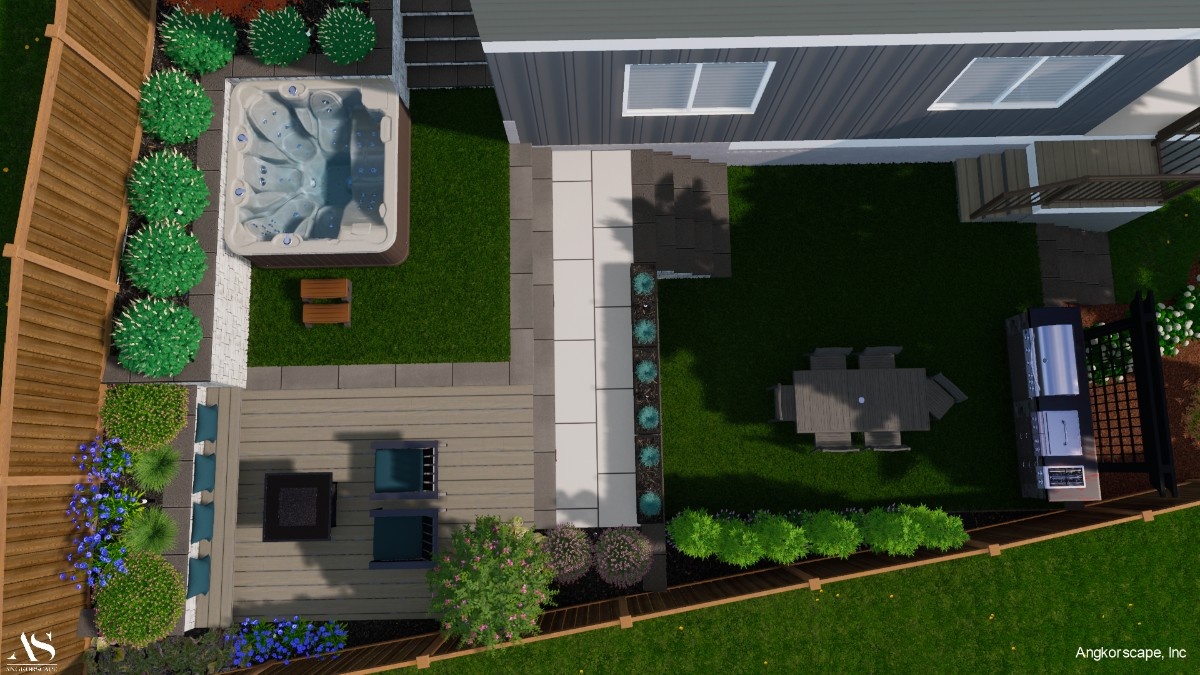 3D landscape design rendering of a proposed backyard remodel with deck and hot tub