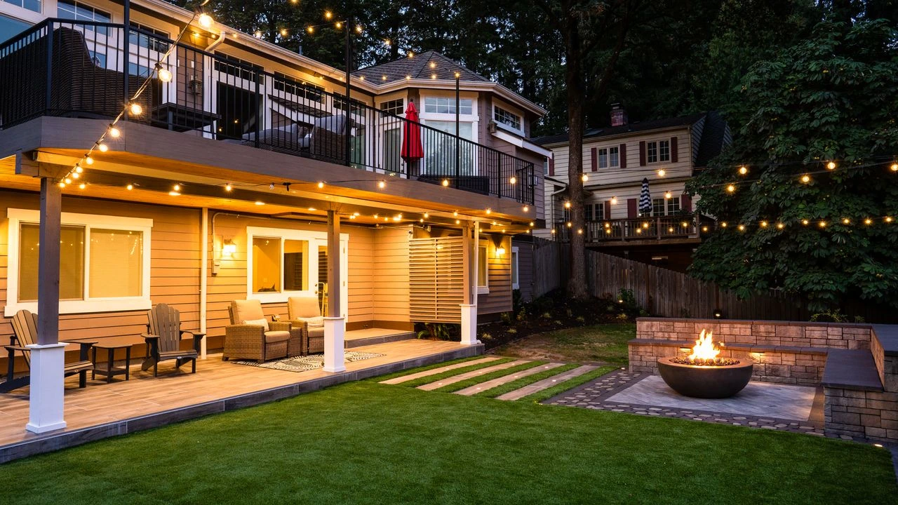 Completed side yard with retaining wall and plantings