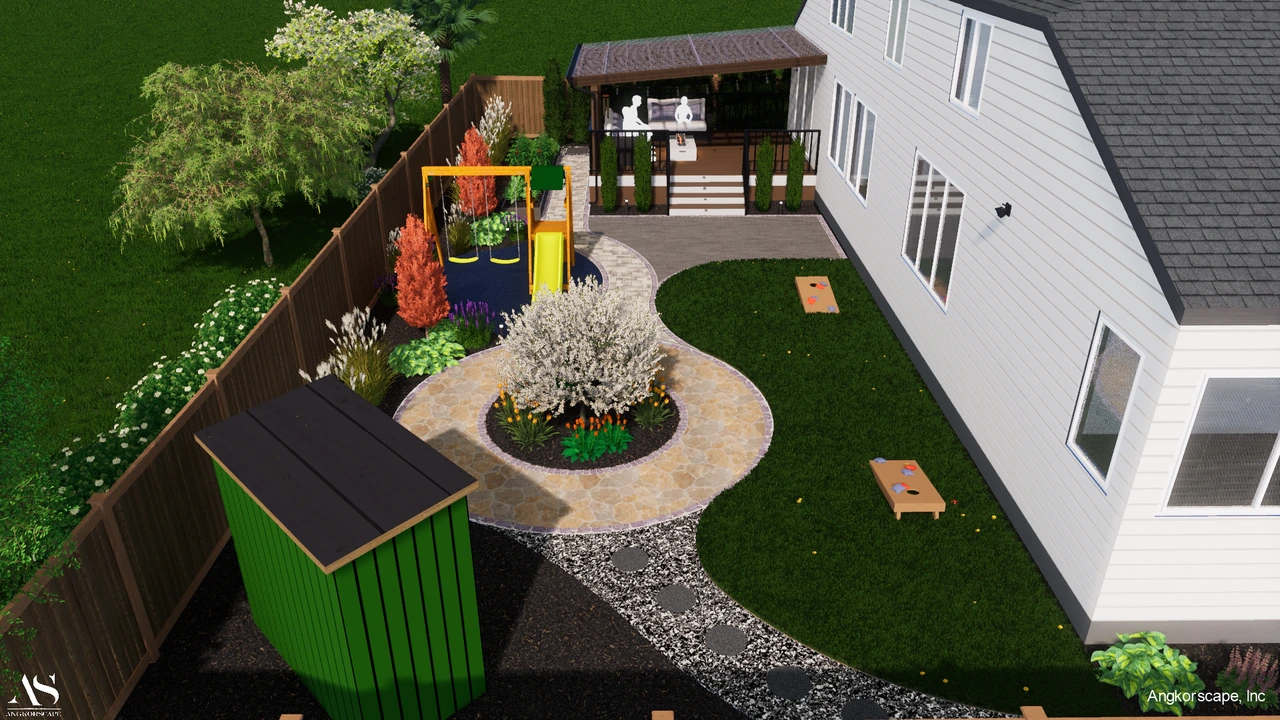 A 3D render of a Snoqualmie backyard with a fire pit, stone walls, and colorful plants.