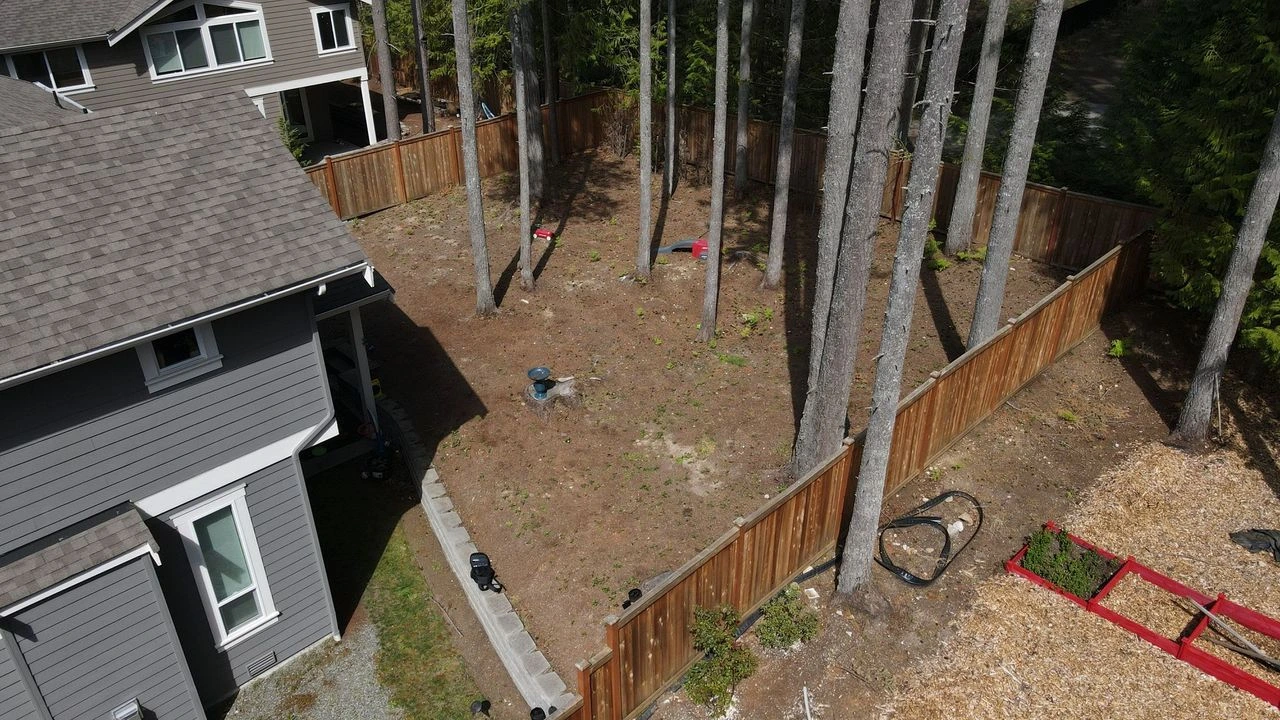 Aerial view of a Snoqualmie backyard before renovation, with bare dirt, tall trees, and a wooden fence.