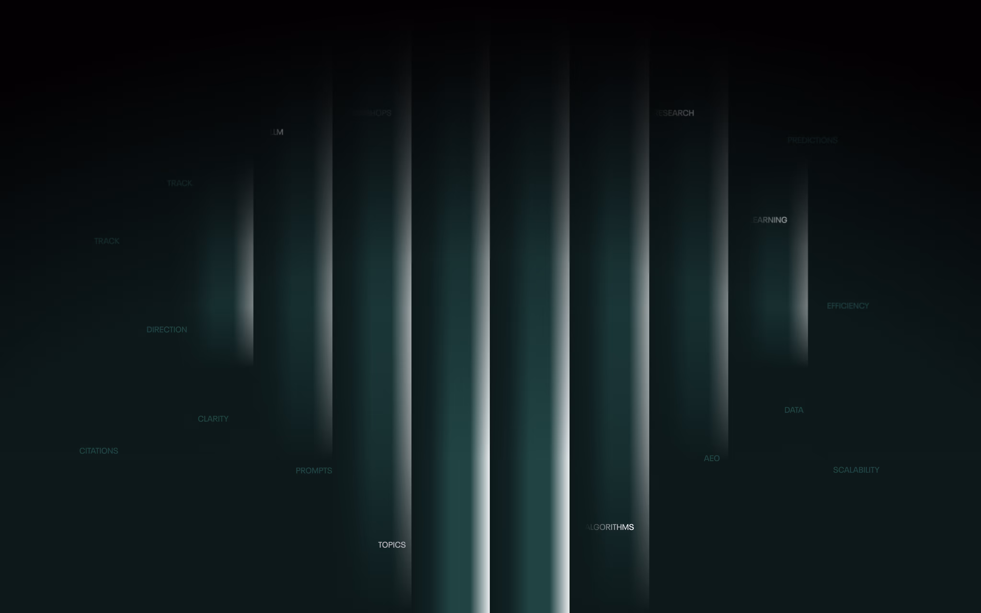 Vertical light beams on a dark background with faint words like topics, algorithms, research, data, and efficiency scattered around.