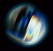 Abstract circular light pattern with blue, white, and yellow hues on a black background.