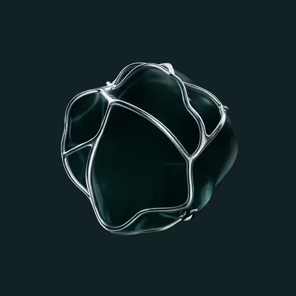 Dark green glossy abstract 3D shape enclosed by thin metallic wires against a black background.