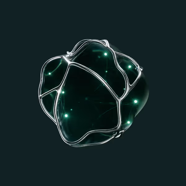 Abstract dark green glass-like shape encased in silver metallic wireframe with glowing points connected inside.