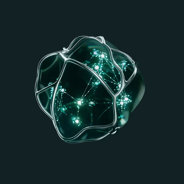 Abstract 3D translucent organic shape with glowing connected nodes inside on dark background.