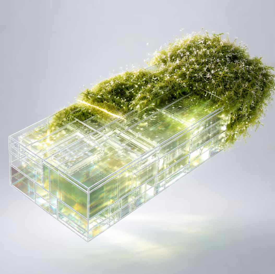Transparent rectangular box filled with green light and topped with dense green moss and small white flowers.
