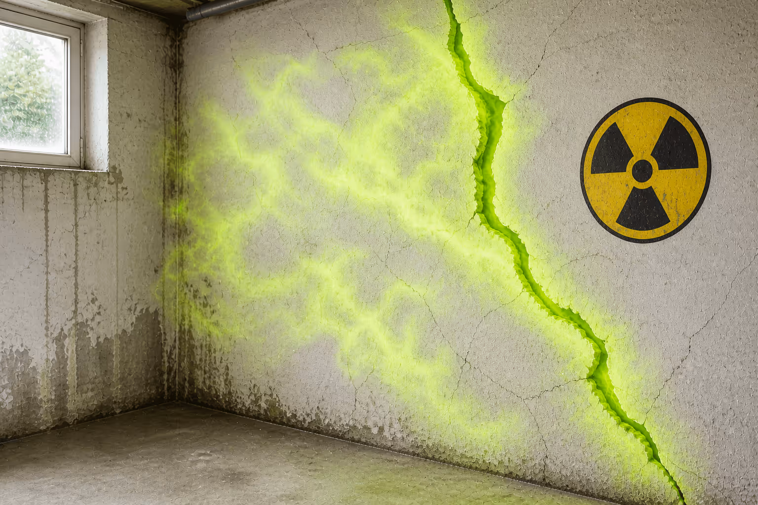Riss in einer Wand mit grün leuchtendem Gas, daneben das Symbol für Radioaktivität.