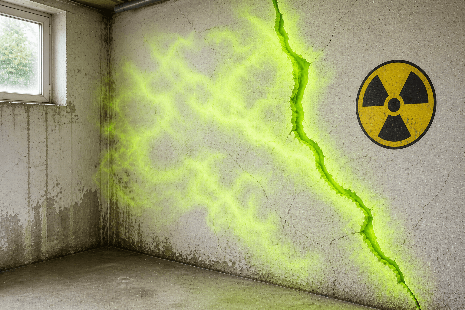 Riss in einer Wand mit grün leuchtendem Gas, daneben das Symbol für Radioaktivität.