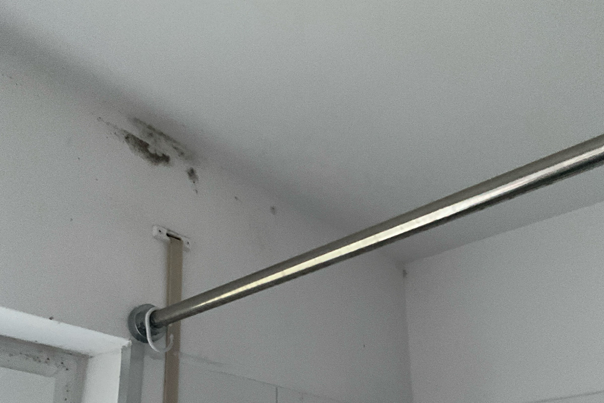 Schimmelbildung an der oberen Ecke einer weißen Innenwand neben einer Metallstange.