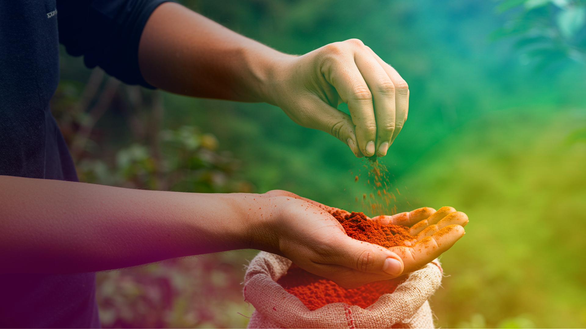 Person sprinkling red powdered spice from one hand into the other over a sack filled with the same powder.