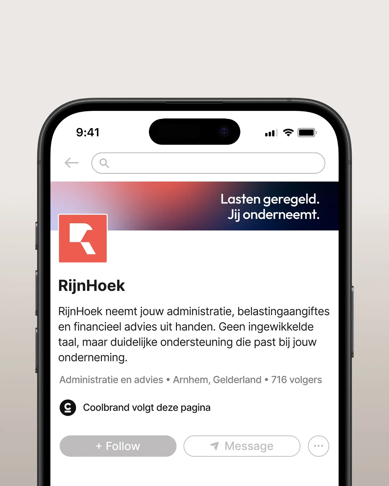LinkedIn profiel in huisstijl van RijnHoek door Coolbrand