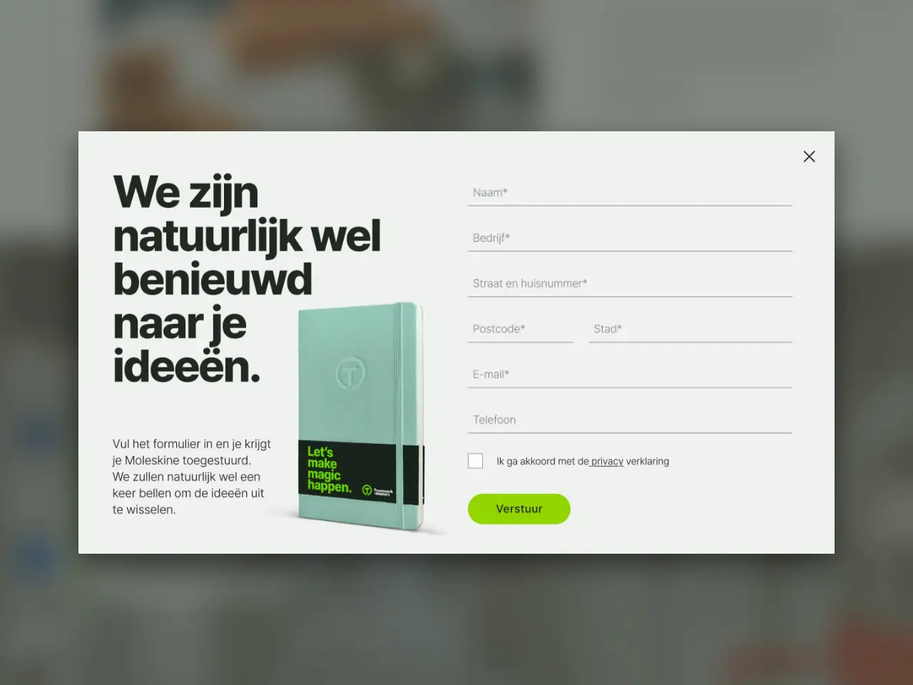 pop-up van een formulier op de website van Teamwork interiors door Coolbrand