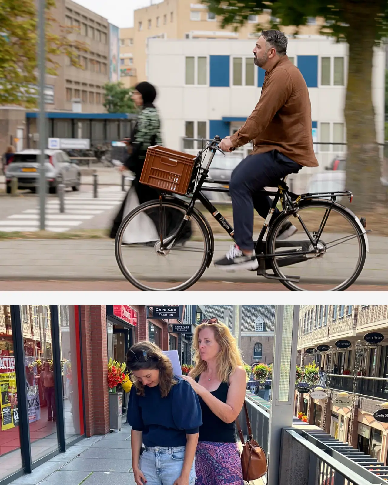 Sinan Can op fiets en vrouwen als figurant tijdens filmproductie voor gemeente Nijmegen door Coolbrand