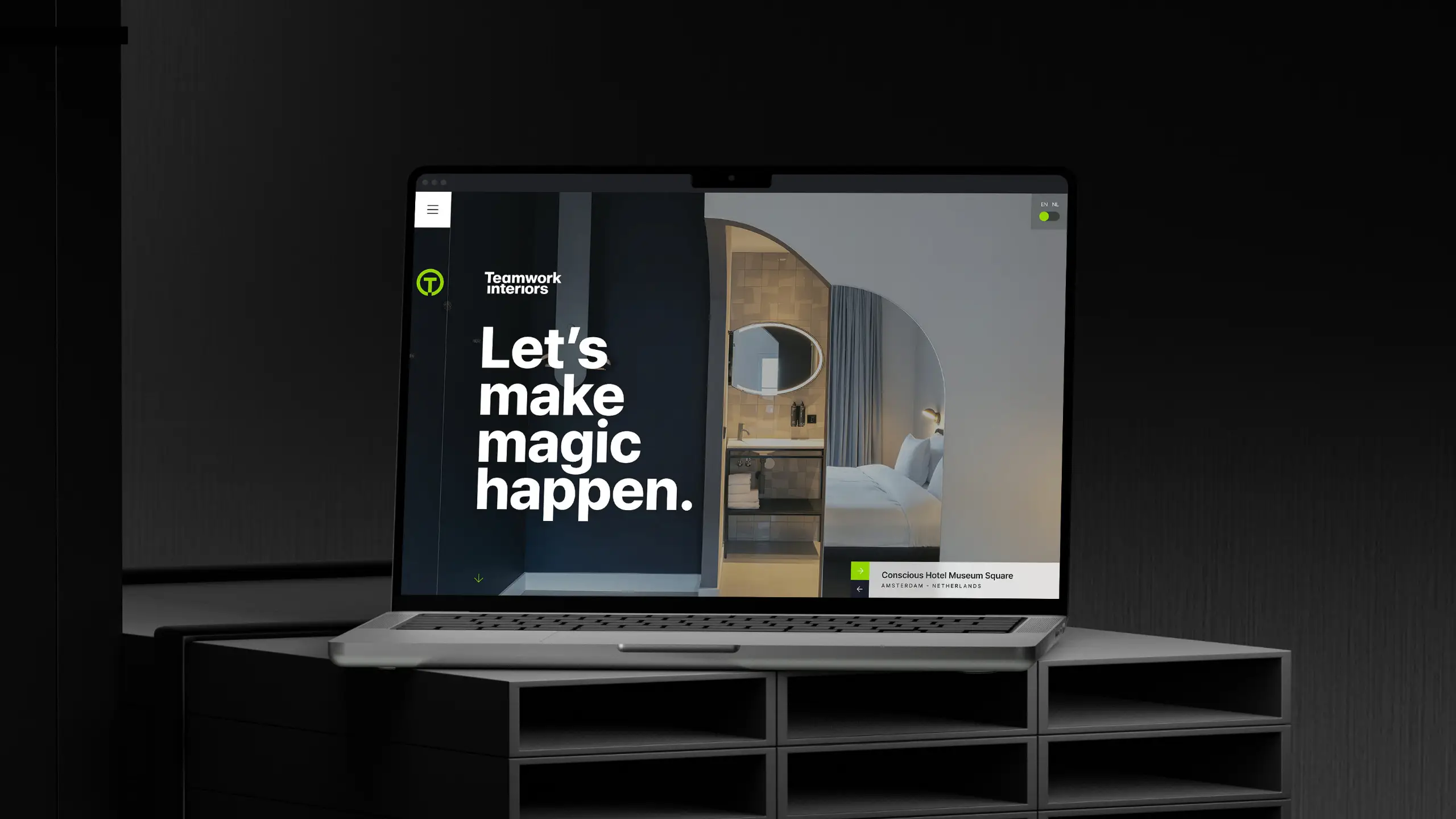 homepage van de website van Teamwork interiors op een laptop door Coolbrand