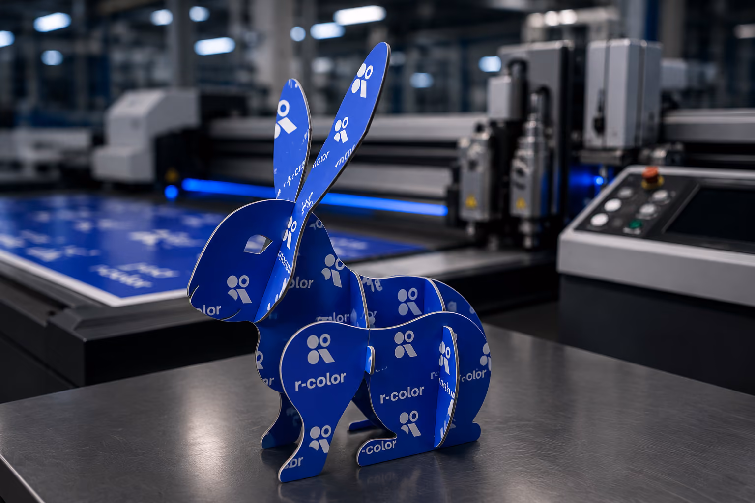 Präzise Maschine schneidet blaue Etiketten mit dem Wort 'EINMAUS' aus.