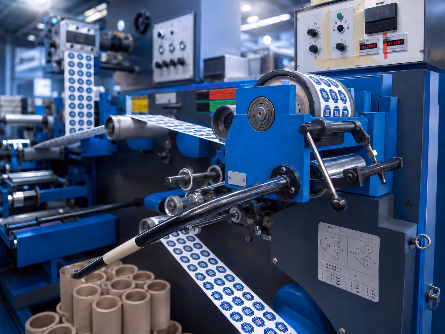 Blaue industrielle Maschine bedruckt Etikettenrollen in einer Fabrikumgebung.
