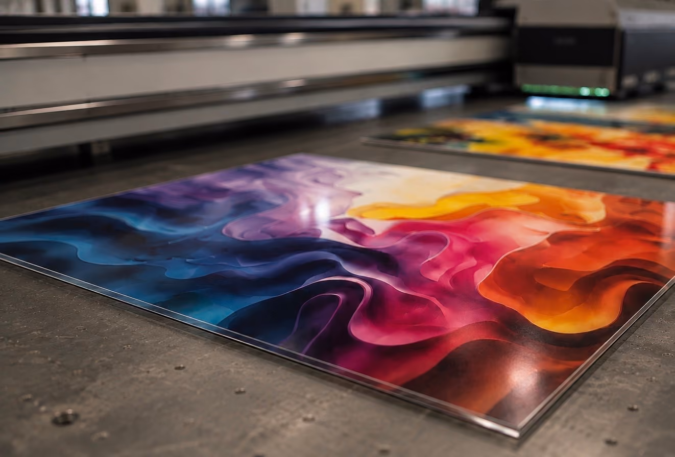 Fotodruck mit abstrakten bunten Mustern auf klaren Acrylplatten auf einem Metalltisch.