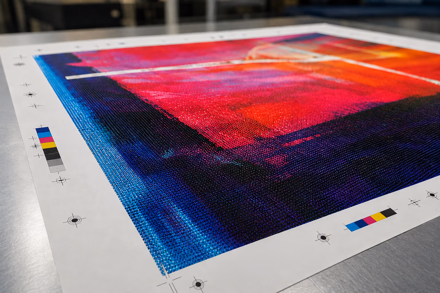 CNC-Fräsmaschine graviert das r-color-Logo auf eine blaue Platte.