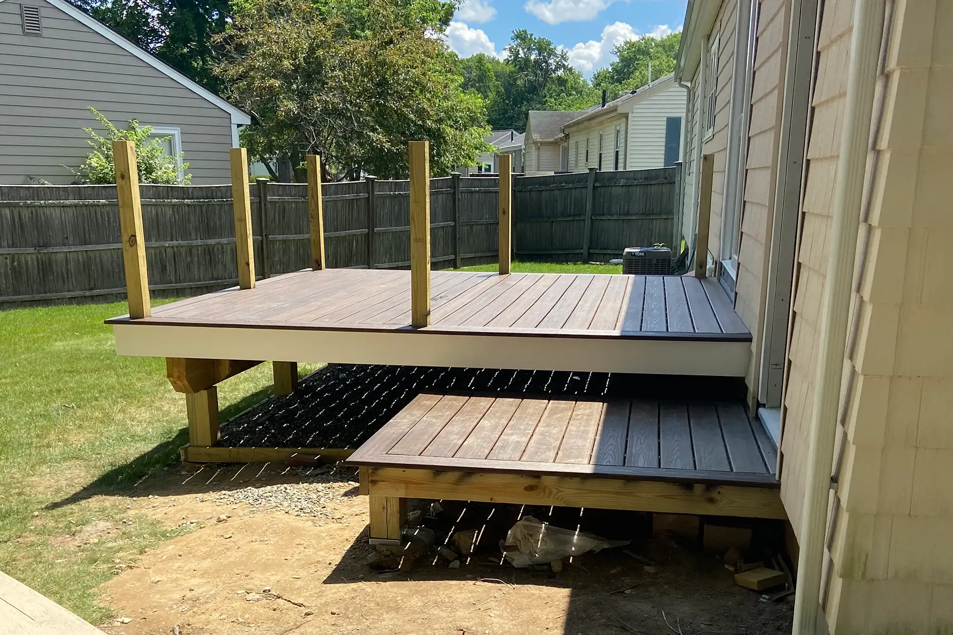 Partially completed backyard deck during construction