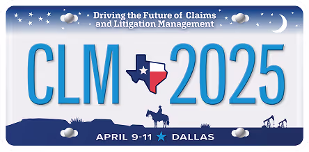 CLM 2025 conference logo with Texas map, cowboy, oil pumps, and event details April 9-11 Dallas.
